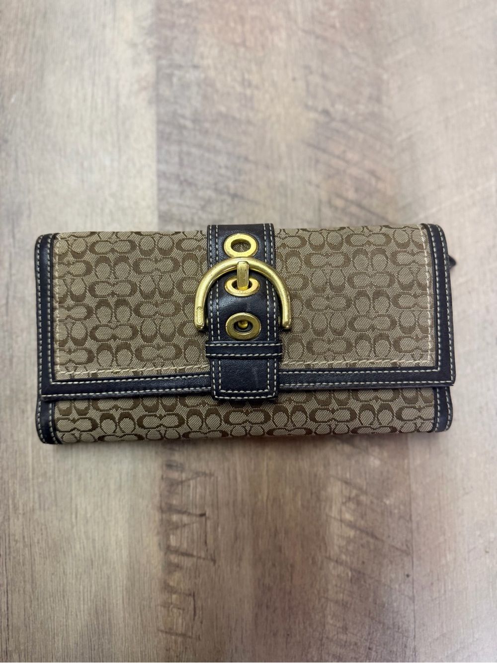 Coach Brown Signature Continental Wallet with Gold-Tone Buckle